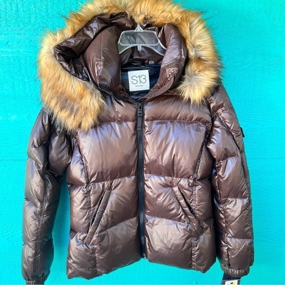 S13 New York Brown Down Puffer Jacket Faux Fur Hood XL NWT Cozy Winter Coat - Picture 2 of 14